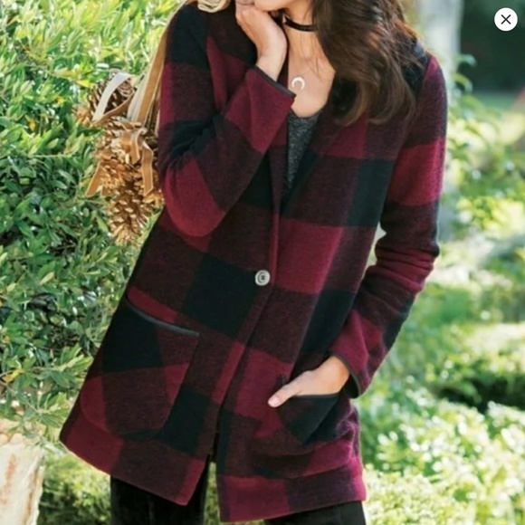 Soft Surroundings Hardey Plaid Wool Jacket L Red Black Sherpa Cabin Christmas - Picture 1 of 12